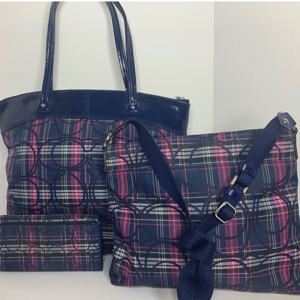 Coach Plaid Laura Circle C Tote Wallet Crossbody